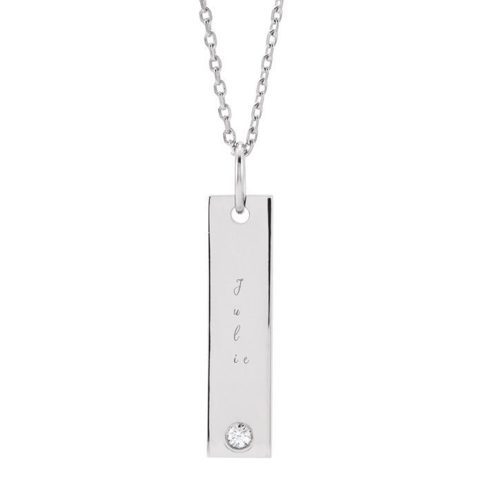 14K White Gold 0.03ct Diamond Vertical Bar Necklace With Free Custom